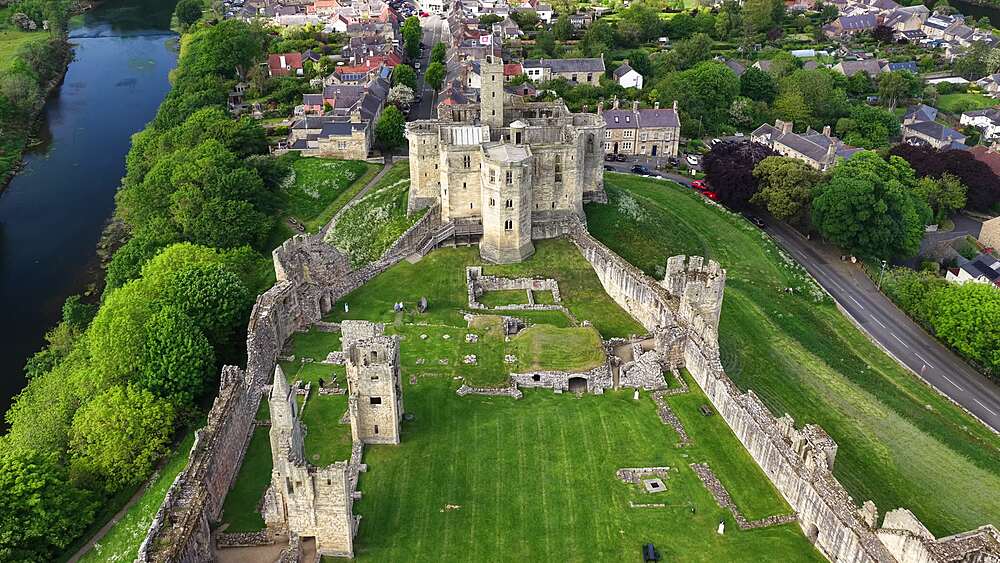 Aerial view of Warkworth Castle, United Kingdom