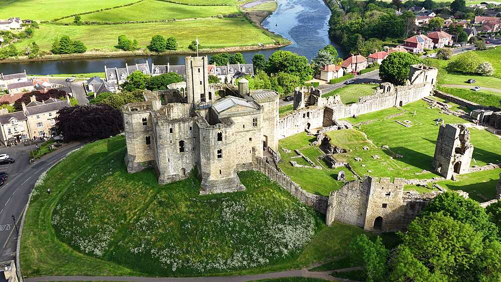 Aerial view of Warkworth Castle, United Kingdom