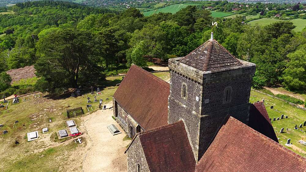 Aerial view of St Martha-on-the-Hill Church, Guildford, United Kingdom