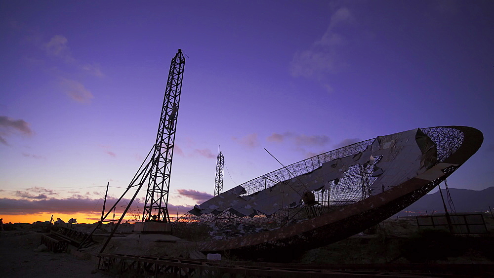 An abandoned Area 51 satellite dish at sunset in Tenerife, Canary Islands, Spain, Atlantic, Europe
