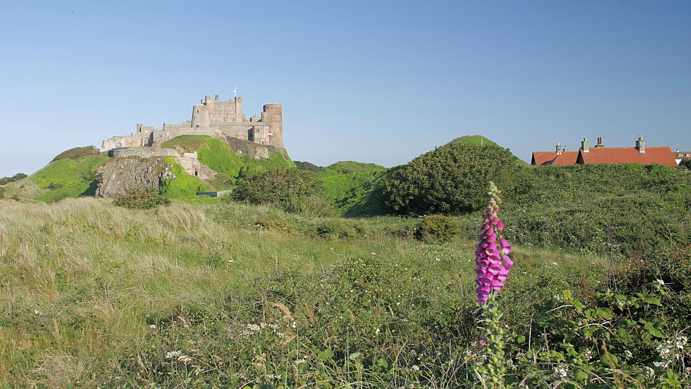 Bamburgh Castle from beach, Northumberland, England, United Kingdom, Europe