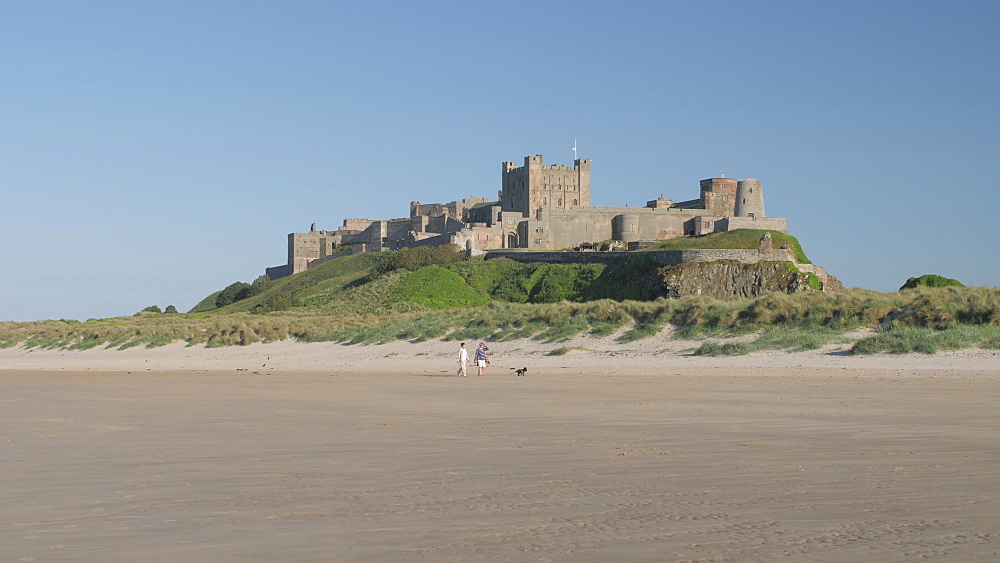 Bamburgh Castle from beach, Northumberland, England, United Kingdom, Europe