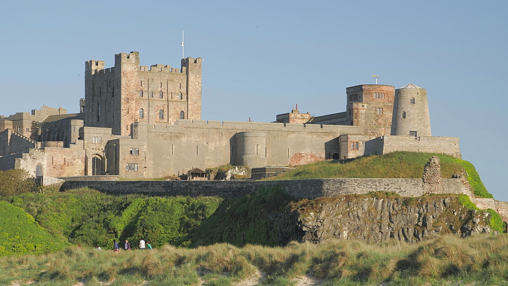 Bamburgh Castle from beach, Northumberland, England, United Kingdom, Europe
