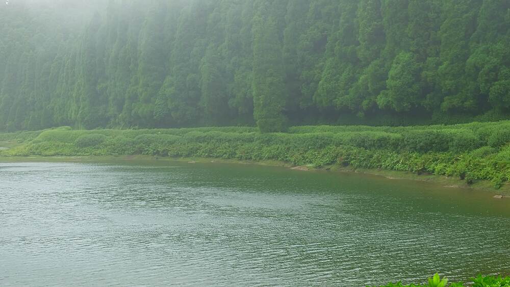 Locked-off lakeside view as mist drifts over the still Empadadas waters, Sao Miguel, Azores, Portugal