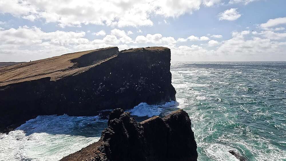 Valahnukamol cliff edge with seabirds on basalt face and Atlantic Ocean, Reykjanes Peninsula, Iceland