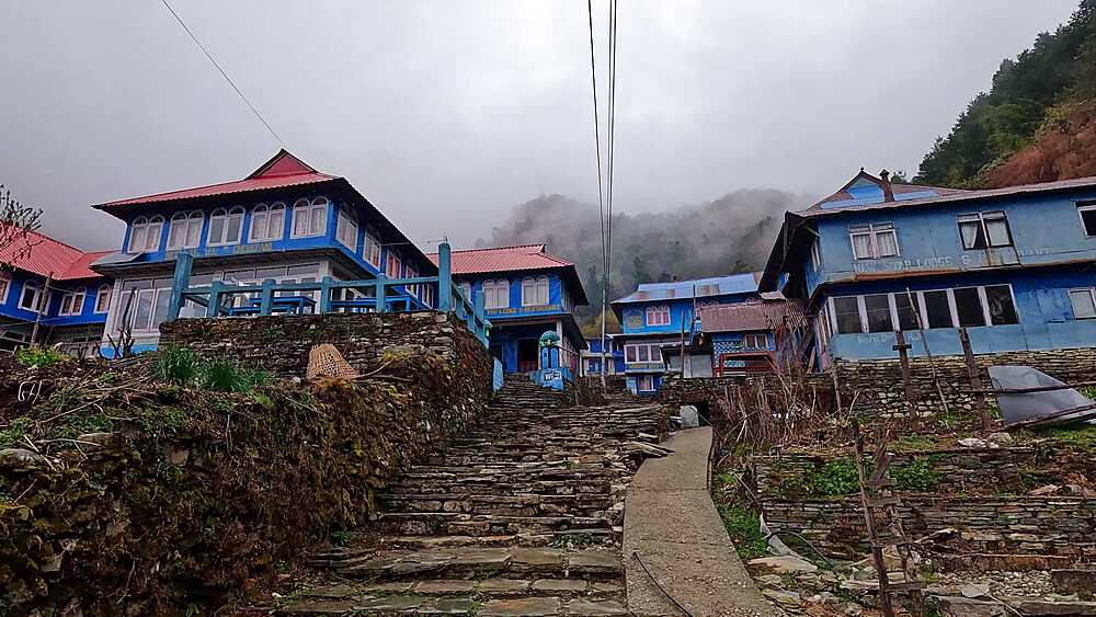 Stone steps climbing past blue trekking lodges in misty Ghorepani, Nepal