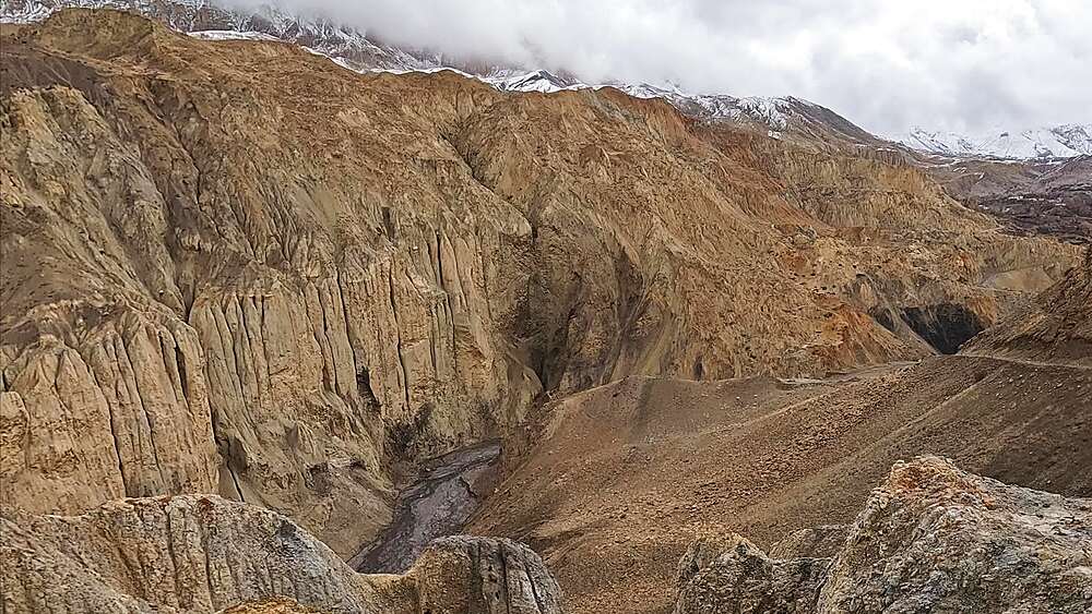 Eroded fluted cliffs and badlands on 4WD road to Yara Gaun, Upper Mustang, Nepal