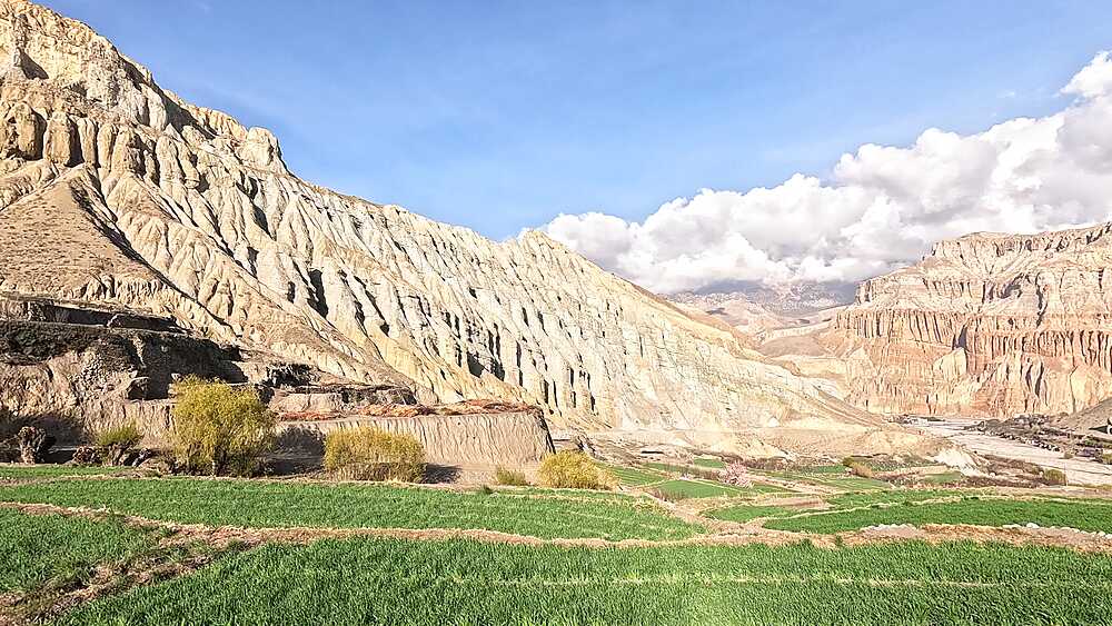 Wide shot of eroded cliffs above green Tetang fields, Tetang, Nepal