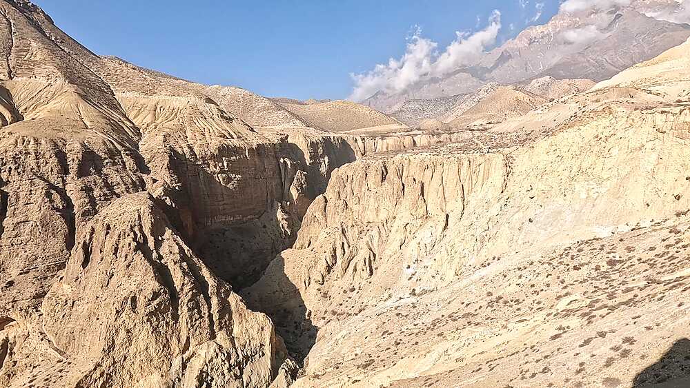 Dramatic eroded gorge and canyon formations on Chele-Lomanthang Road, Upper Mustang Nepal