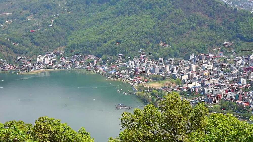 Elevated view over Phewa Lake and the lakeside city of Pokhara, Nepal