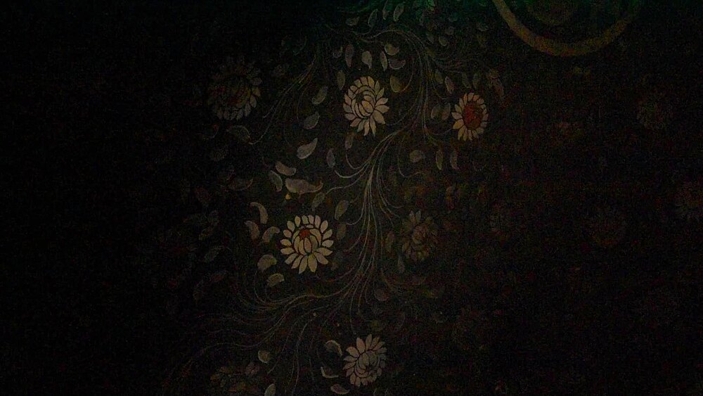 Painted lotus and floral motifs on the ceiling of the Luri Gompa cave monastery, Yara, Upper Mustang, Nepal