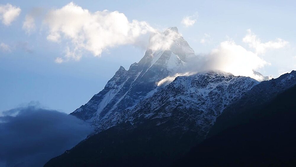 Close view of the Machapuchare summit in morning light, Annapurna region, Nepal