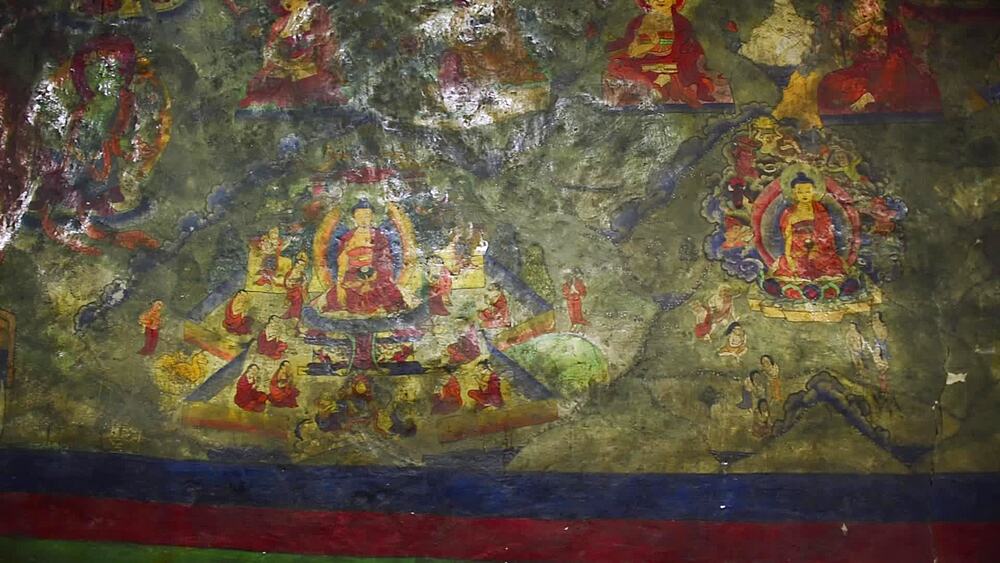Ancient Buddhist wall murals inside a monastery at Lo Manthang, Upper Mustang, Nepal