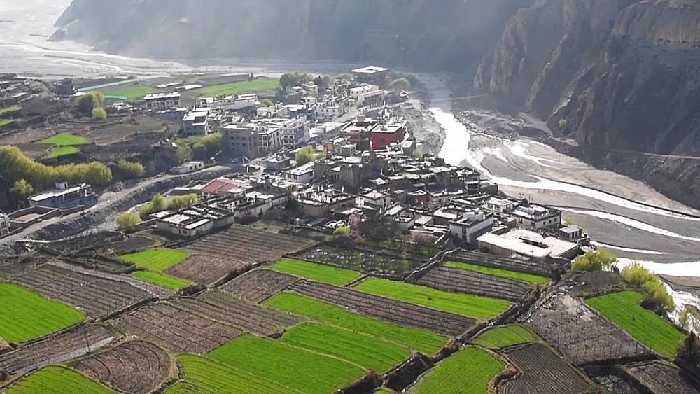Aerial view over the village of Kagbeni with green terraced fields beside the Kali Gandaki, Upper Mustang, Nepal