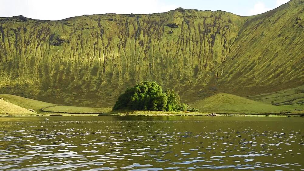 Wooded islet on the Caldeirao lagoon below fluted crater walls, Corvo Island, Western Group, Azores, Portugal