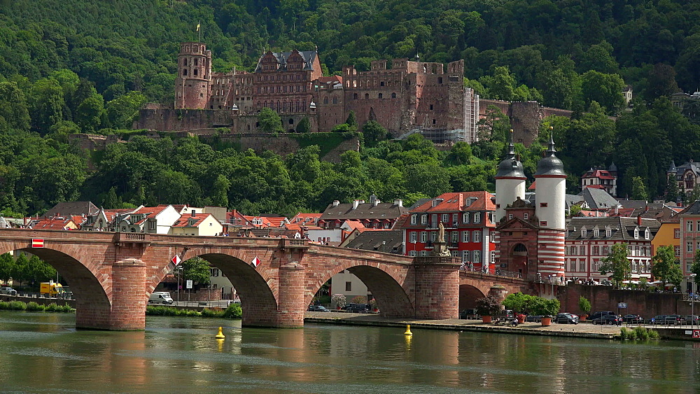 Castle, Old Bridge and Bridge Gate, Neckar River, Heidelberg, Baden-Wurttemberg, Germany, Europe