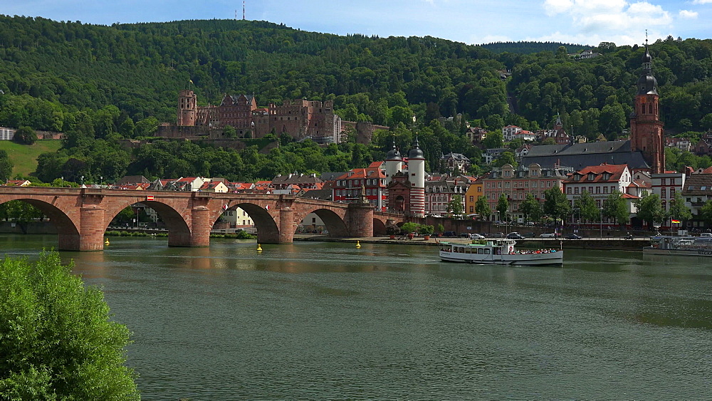 Castle, Old Bridge and Bridge Gate, Neckar River, Heidelberg, Baden-Wurttemberg, Germany, Europe