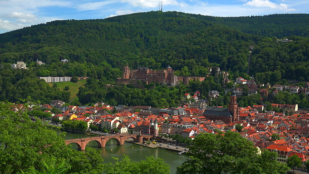 View from Philosophenweg to Heidelberg with Neckar River, Castle and Old Bridge, Heidelberg, Baden-Wurttemberg, Germany, Europe