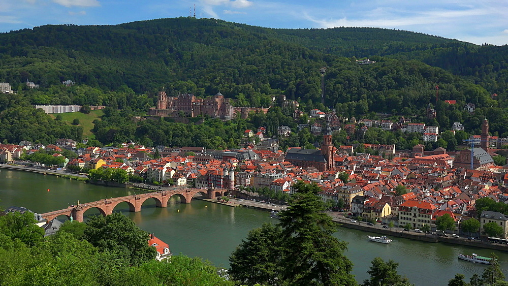 View from Philosophenweg to Heidelberg with Neckar River, Castle and Old Bridge, Heidelberg, Baden-Wurttemberg, Germany, Europe