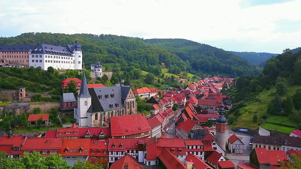 Aerial view of the town of Stolberg with Castle and church St. Martin, Harz, Saxony-Anhalt, Germany