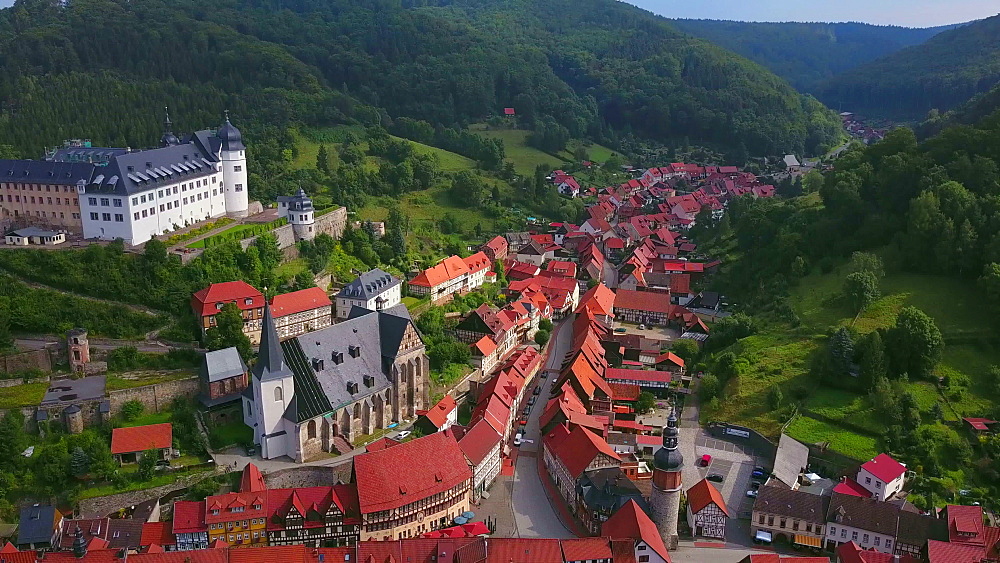 Aerial view of the town of Stolberg with Castle and church St. Martin, Harz, Saxony-Anhalt, Germany