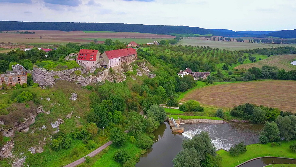 Aerial view of Wendelstein Castle and Unstrut River, Saxony-Anhalt, Germany