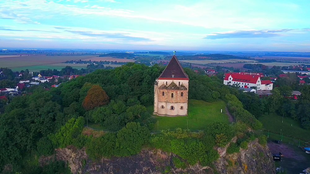 Aerial view of double chapel St. Cruis in Landsberg, Saalekreis, near Haale, Saxony-Anhalt, Germany