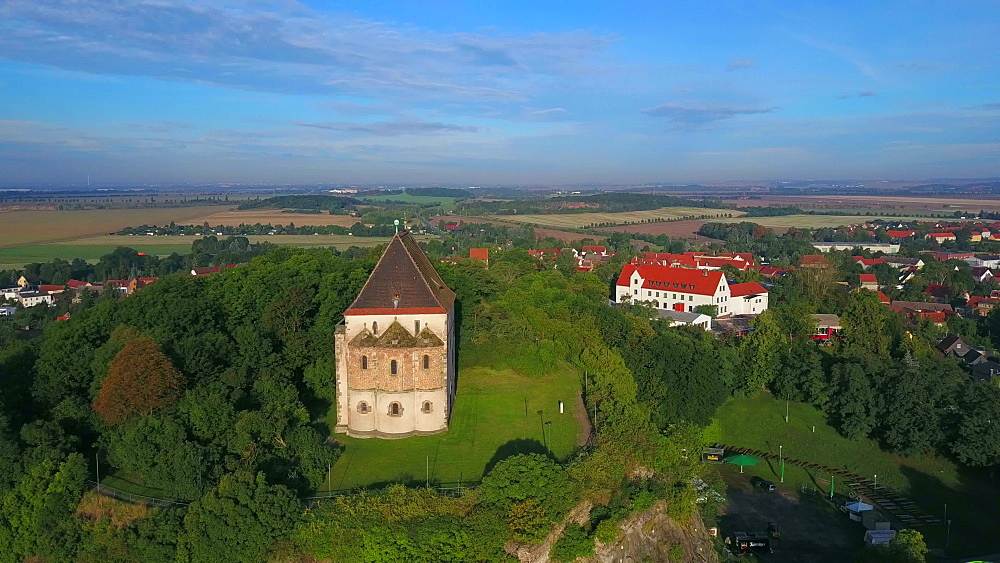 Aerial view of double chapel St. Cruis in Landsberg, Saalekreis, near Haale, Saxony-Anhalt, Germany