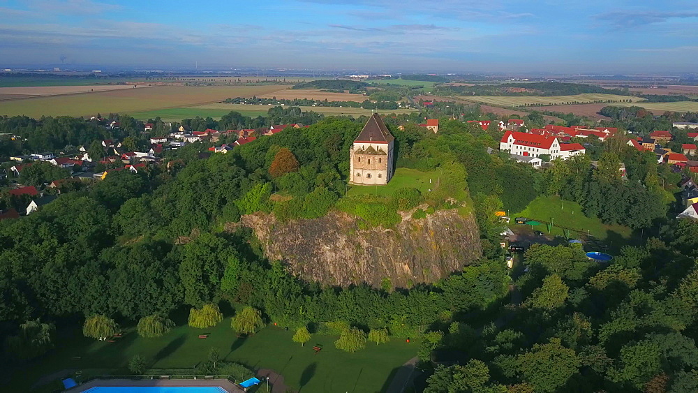 Aerial view of double chapel St. Cruis in Landsberg, Saalekreis, near Haale, Saxony-Anhalt, Germany