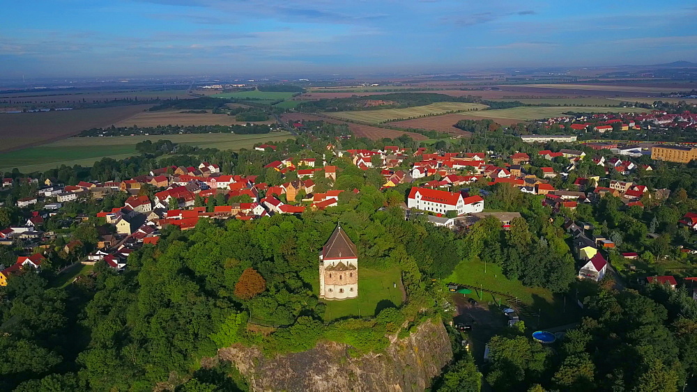Aerial view of double chapel St. Cruis in Landsberg, Saalekreis, near Haale, Saxony-Anhalt, Germany