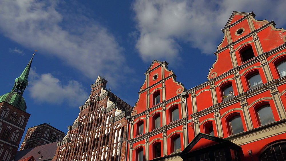 Houses at Badenstrasse and St. Nicolay Church, Stralsund, Mecklenburg-Western Pomerania, Germany