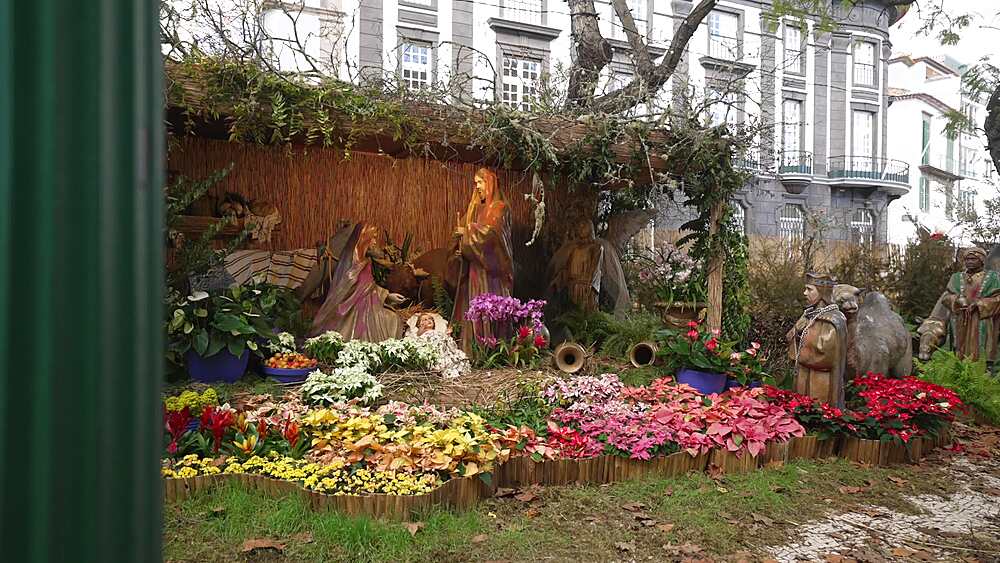 View of Joseph and Mary in stable display in Avenue Arriaga, Sao Martinho, Funchal, Madeira, Portugal, Europe