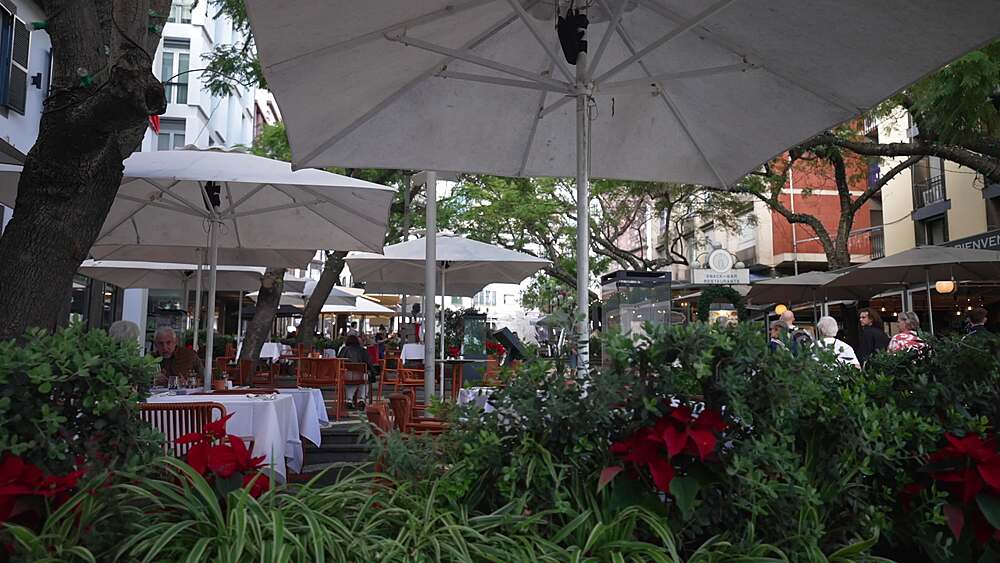 View of restaurants on Antonio Jose de Almeida on a sunny day, Sao Martinho, Funchal, Madeira, Portugal, Europe
