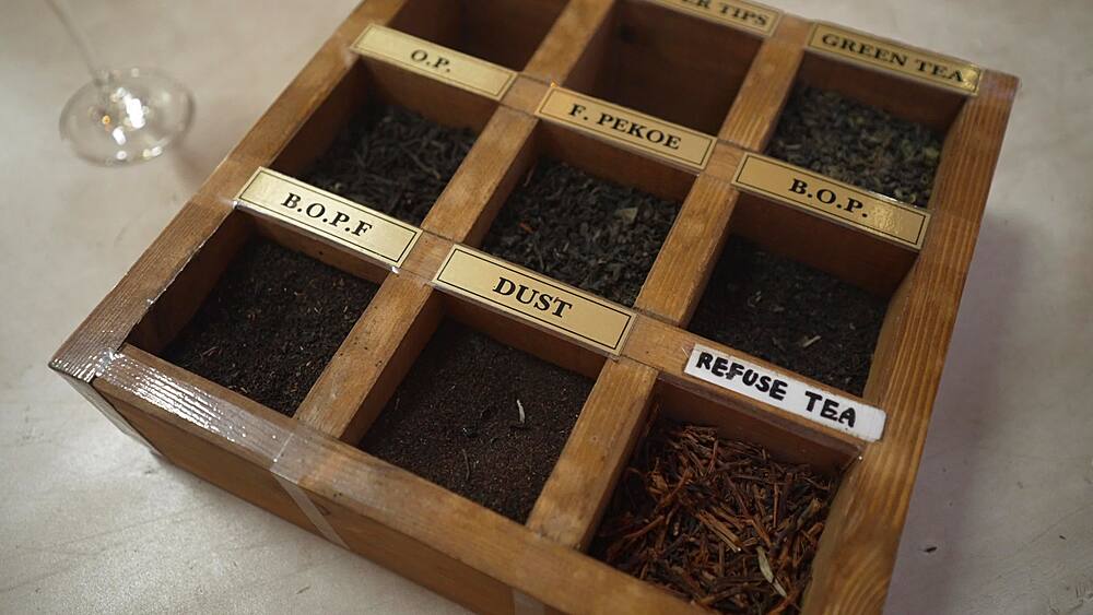 View of various tea leaves in presentation box at Kingswood Tea Factory, Ramboda, Sri Lanka, Asia