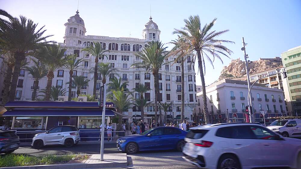 View of traffic on Explanada of Spain on a sunny day, Alicante, Costa Blanca, Spain, Europe