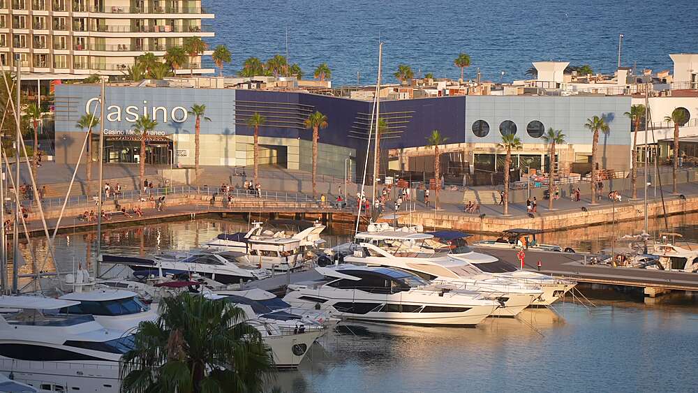 Elevated view of boats in Alicante Marina and Casino during golden hour on a sunny day, Alicante, Costa Blanca, Spain, Europe