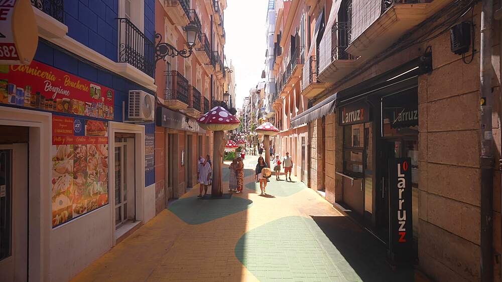View of ornamental mushrooms on Mushroom Street, Gombas utca on a sunny day in Alicante, Alicante, Costa Blanca, Spain, Europe