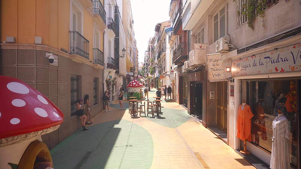 View of ornamental mushrooms on Mushroom Street, Gombas utca on a sunny day in Alicante, Alicante, Costa Blanca, Spain, Europe