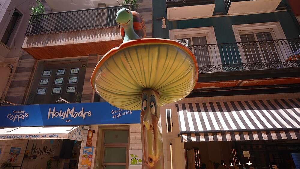 View of ornamental mushrooms on Mushroom Street, Gombas utca on a sunny day in Alicante, Alicante, Costa Blanca, Spain, Europe