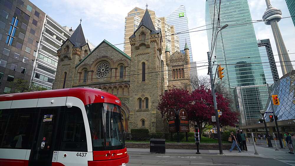 View of city tram, St. Andrew's Presbyterian Church, Roy Thomson Hall and CN Tower on a sunny day in spring, Toronto, Ontario, Canada, North America