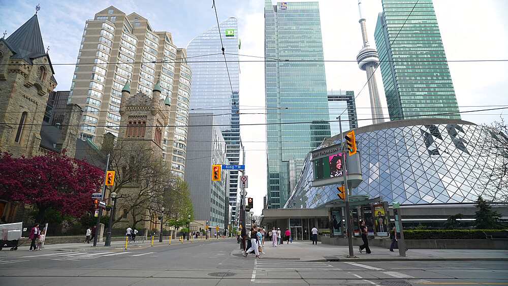 View of St. Andrew's Presbyterian Church, Roy Thomson Hall and CN Tower on a sunny day in spring, Toronto, Ontario, Canada, North America