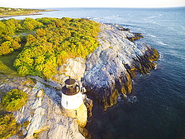 Drone aerial of Castle Hill in Newport, Rhode Island at sunset (Drone)
