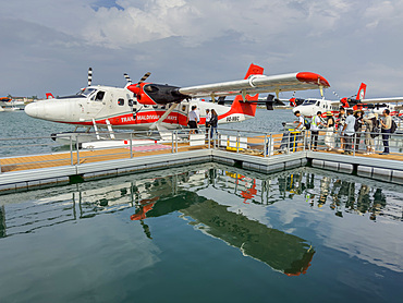 Float plane docks in the capital city of Mal&eacute;. Maldives is the smallest country in Asia. Republic of Maldives.