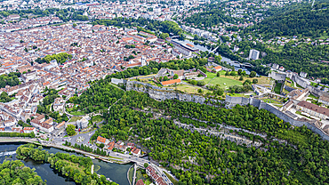 View of the citadel of Besancon surrounded by city and nature from above in France