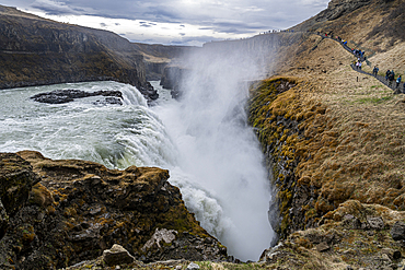 Gullfoss waterfall displays powerful water flow and mist in Iceland?s golden triangle