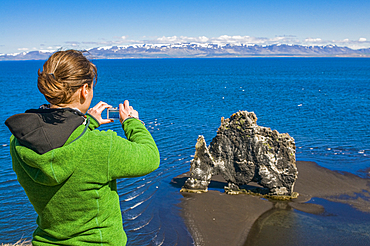 Young woman photographing famous Hvitserkur sea stack. Vatnsnes Peninsula. Iceland.