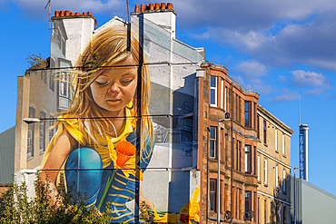 'Daffodil Girl' Mural, Tenement, Govan, Glasgow, Scotland, United Kingdom, Europe