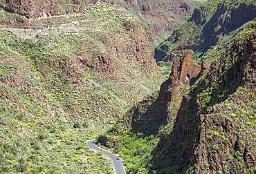 View over the Barranco de Guayadeque from viewpoint high above the gorge, small car dwarfed by steep volcanic cliffs, Aguimes, Gran Canaria, Canary Islands, Spain