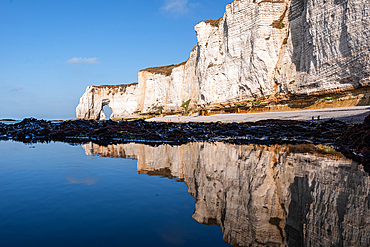 Reflections of white chalk cliffs and natural arches in tidal pools at Etretat coast in Normandy France
