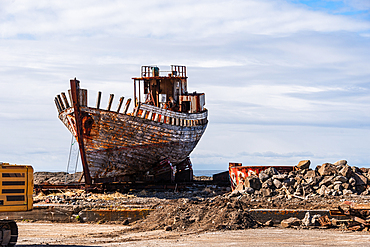 Close-up of the heavily corroded bow of the abandoned fishing vessel H&ouml;frungur AK-91 at Akranes, West Iceland